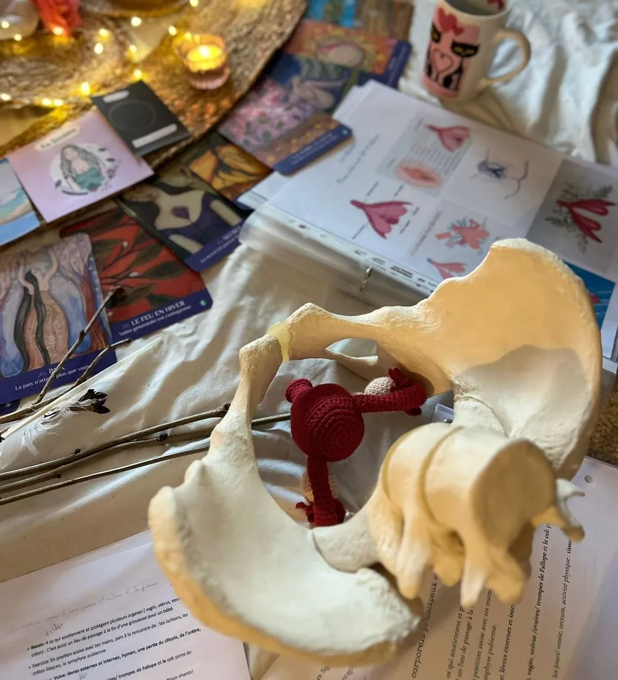 Bassin et utérus au crochet, au milieu des cartes et des bougies d’un Cercle Rose
